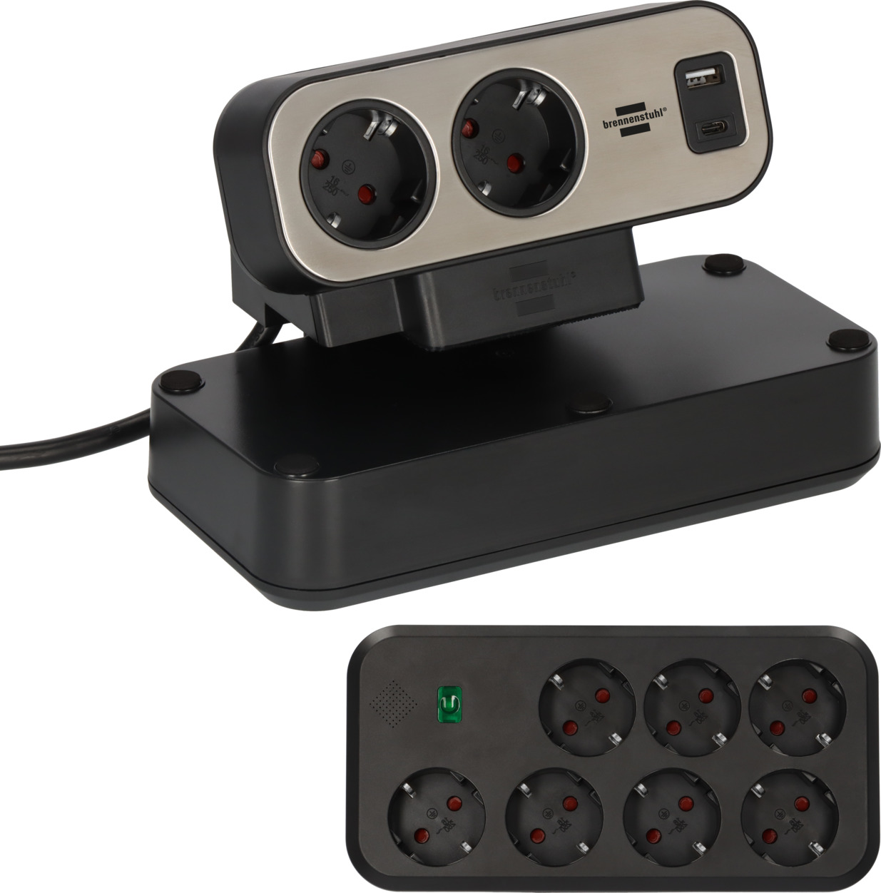 brennenstuhl estilo Duplex Desktop Power Strip with surge protection 1x USB C 1x USB A 9x protective contact sockets silver black brennenstuhl